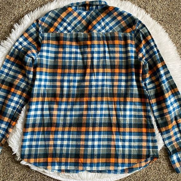 J. Crew Button Down Plaid Flannel Shirt Blue Orange Womens Size Large - Picture 7 of 9